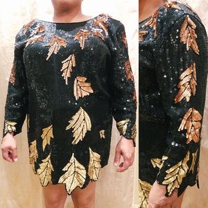 Vintage black silk sequin beaded leaf XL dress